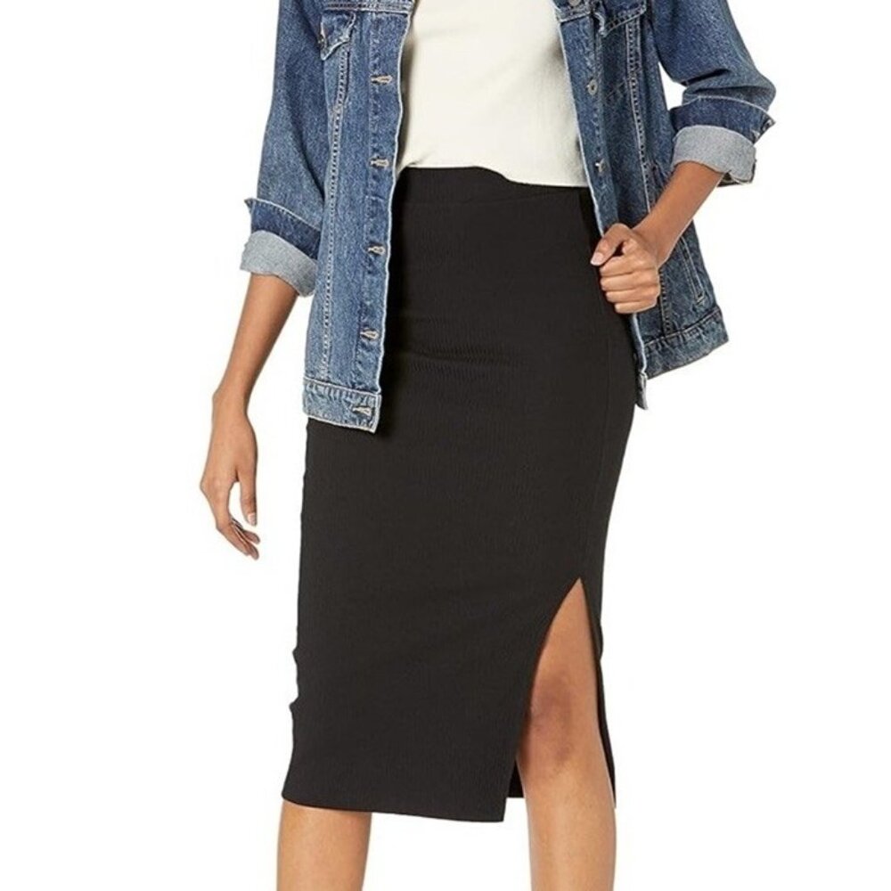 NWT The Drop Women's 2X Black Ribbed High Waist Slit Skirt 20-22 Pull On Plus